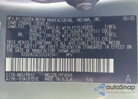 2005 Toyota Sienna Le из США, поврежденный, VIN 5TDZA23C55S345941